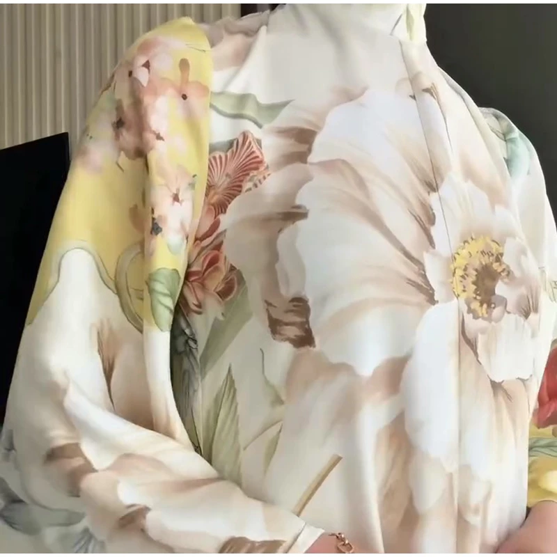 Floral Print Women Dress Button Down Mock Neck Maxi Dresses Long Lantern Sleeve A-Line Waist Belt Flared Hem Elegant Streetwear