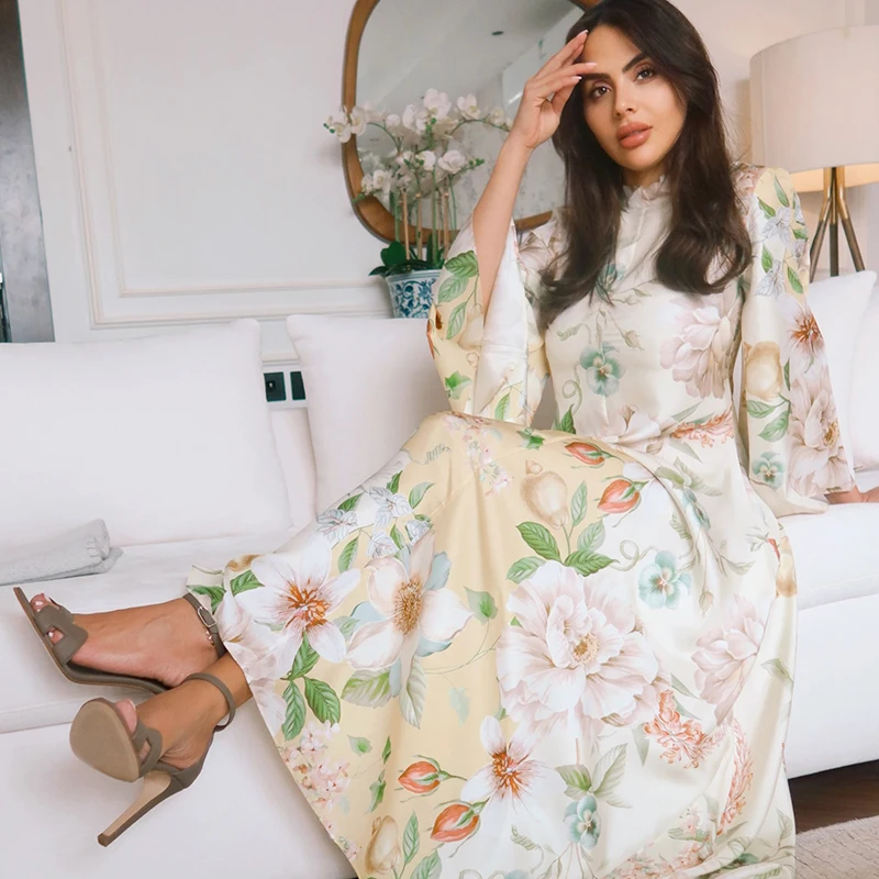Floral Print Women Dress Button Down Mock Neck Maxi Dresses Long Lantern Sleeve A-Line Waist Belt Flared Hem Elegant Streetwear