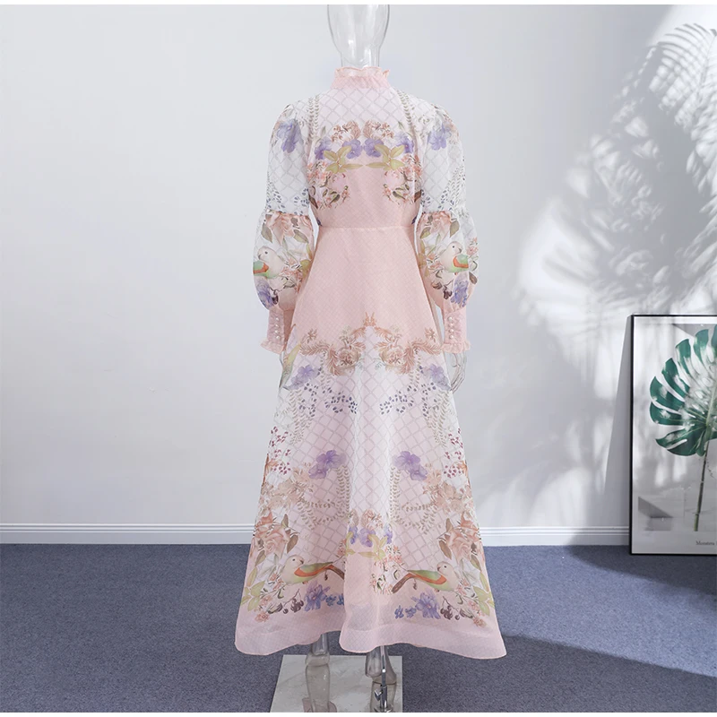 Floral Print Women Dress Button Down Mock Neck Maxi Dresses Long Lantern Sleeve A-Line Waist Belt Flared Hem Elegant Streetwear