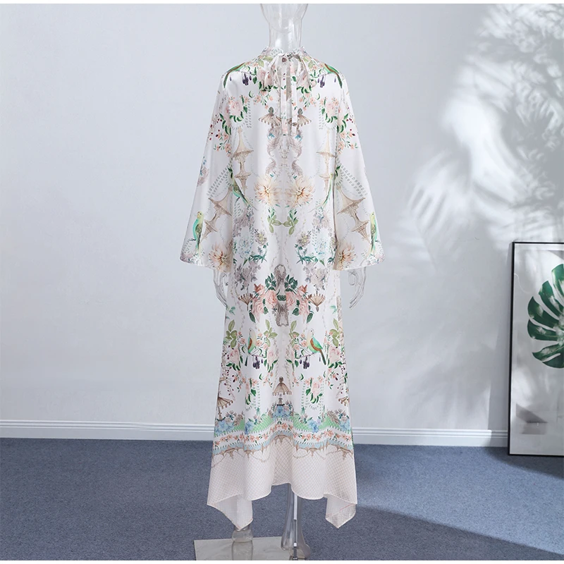 Floral Print Women Dress Button Down Mock Neck Maxi Dresses Long Lantern Sleeve A-Line Waist Belt Flared Hem Elegant Streetwear
