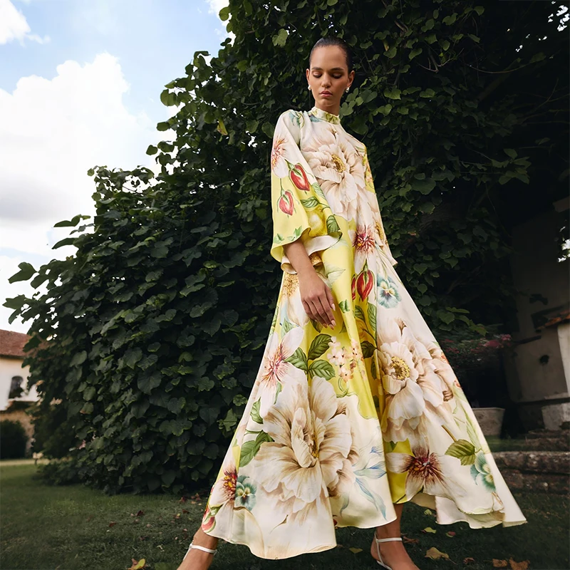 Floral Print Women Dress Button Down Mock Neck Maxi Dresses Long Lantern Sleeve A-Line Waist Belt Flared Hem Elegant Streetwear