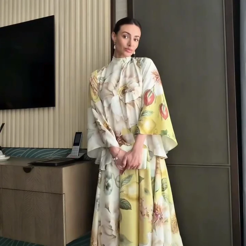 Floral Print Women Dress Button Down Mock Neck Maxi Dresses Long Lantern Sleeve A-Line Waist Belt Flared Hem Elegant Streetwear