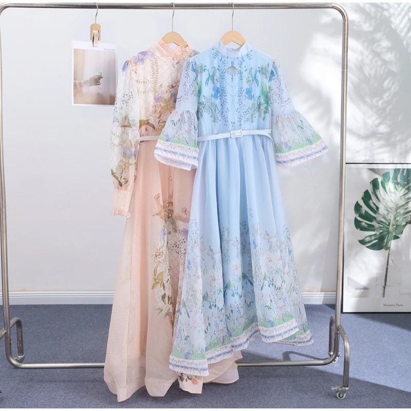 Floral Print Women Dress Button Down Mock Neck Maxi Dresses Long Lantern Sleeve A-Line Waist Belt Flared Hem Elegant Streetwear