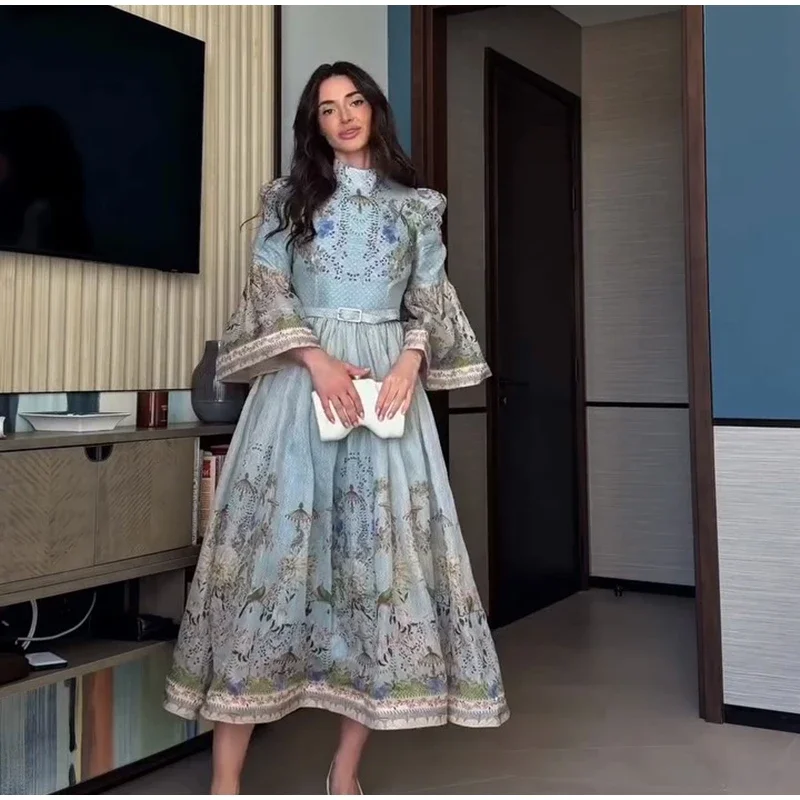 Floral Print Women Dress Button Down Mock Neck Maxi Dresses Long Lantern Sleeve A-Line Waist Belt Flared Hem Elegant Streetwear