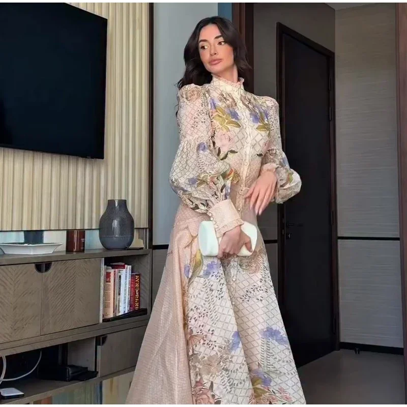 Floral Print Women Dress Button Down Mock Neck Maxi Dresses Long Lantern Sleeve A-Line Waist Belt Flared Hem Elegant Streetwear