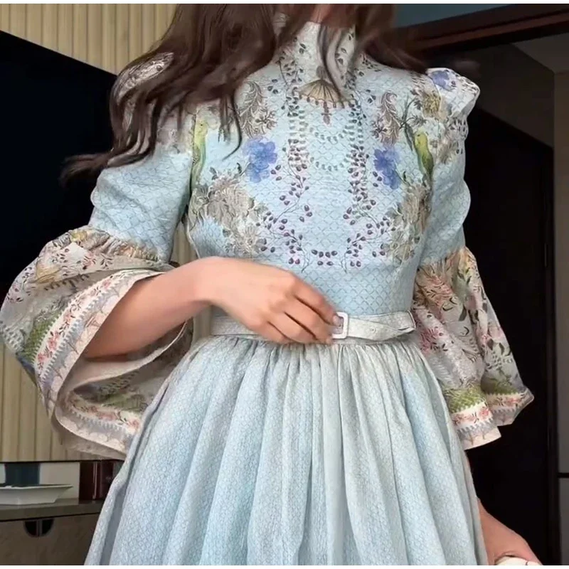 Floral Print Women Dress Button Down Mock Neck Maxi Dresses Long Lantern Sleeve A-Line Waist Belt Flared Hem Elegant Streetwear