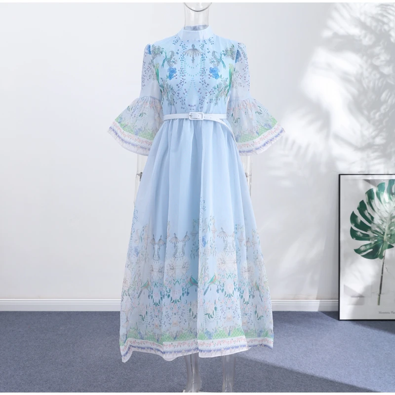 Floral Print Women Dress Button Down Mock Neck Maxi Dresses Long Lantern Sleeve A-Line Waist Belt Flared Hem Elegant Streetwear
