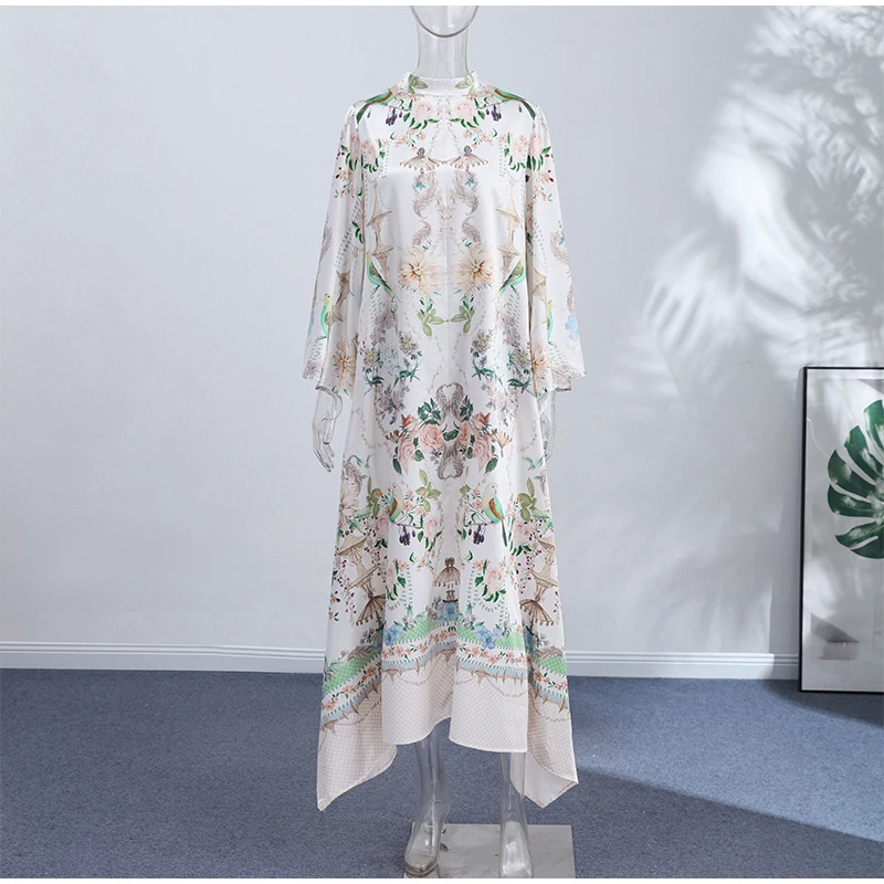 Floral Print Women Dress Button Down Mock Neck Maxi Dresses Long Lantern Sleeve A-Line Waist Belt Flared Hem Elegant Streetwear