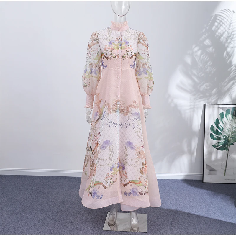 Floral Print Women Dress Button Down Mock Neck Maxi Dresses Long Lantern Sleeve A-Line Waist Belt Flared Hem Elegant Streetwear