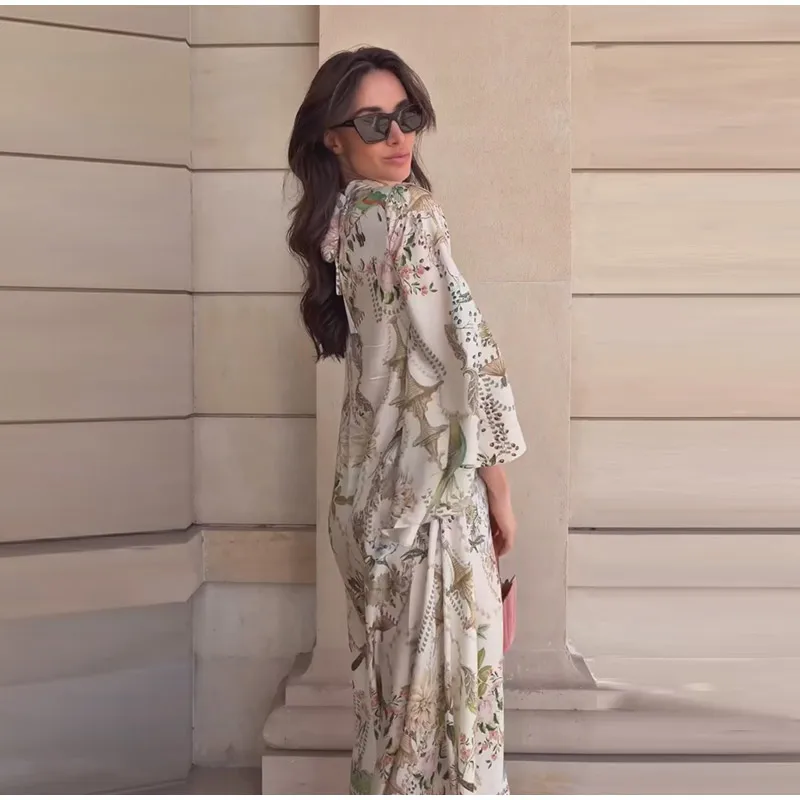 Floral Print Women Dress Button Down Mock Neck Maxi Dresses Long Lantern Sleeve A-Line Waist Belt Flared Hem Elegant Streetwear