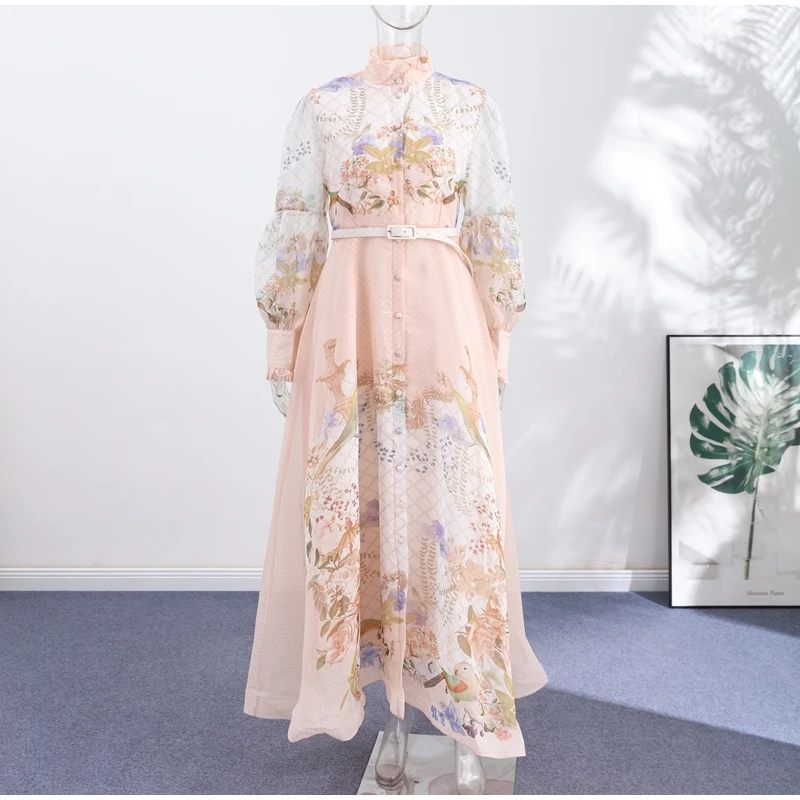 Floral Print Women Dress Button Down Mock Neck Maxi Dresses Long Lantern Sleeve A-Line Waist Belt Flared Hem Elegant Streetwear
