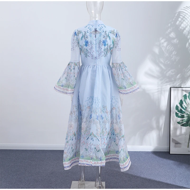 Floral Print Women Dress Button Down Mock Neck Maxi Dresses Long Lantern Sleeve A-Line Waist Belt Flared Hem Elegant Streetwear