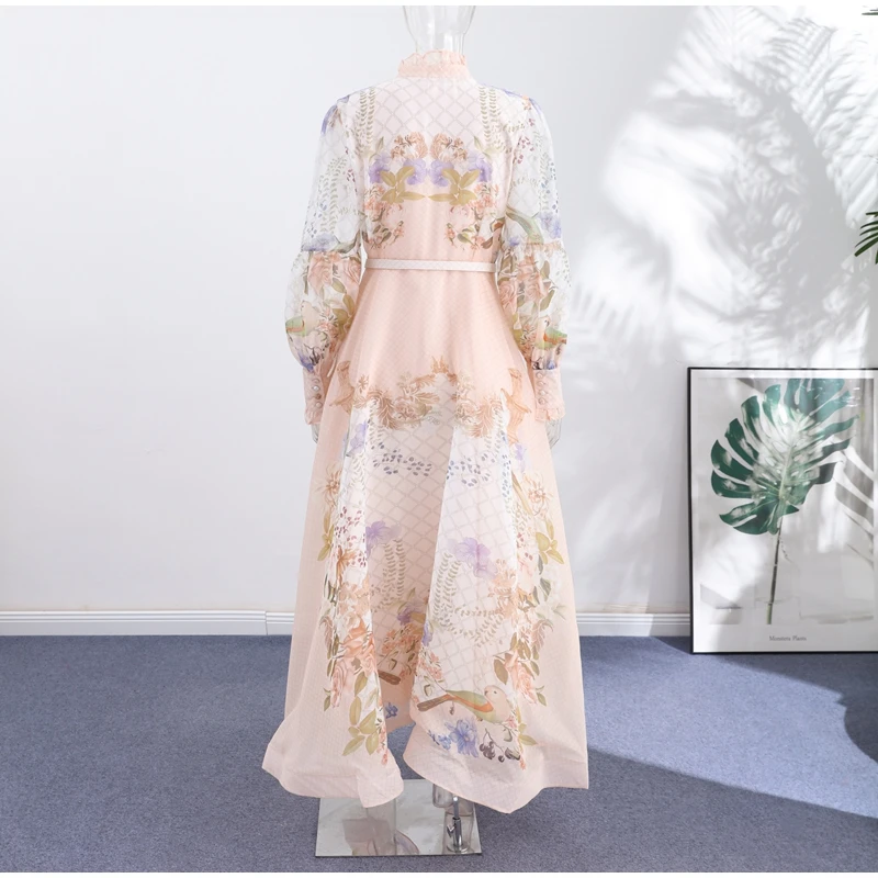 Floral Print Women Dress Button Down Mock Neck Maxi Dresses Long Lantern Sleeve A-Line Waist Belt Flared Hem Elegant Streetwear