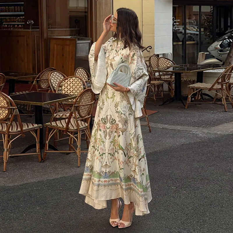 Floral Print Women Dress Button Down Mock Neck Maxi Dresses Long Lantern Sleeve A-Line Waist Belt Flared Hem Elegant Streetwear