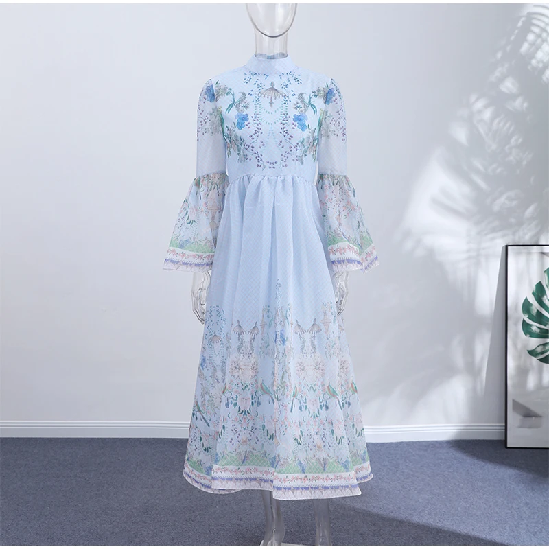 Floral Print Women Dress Button Down Mock Neck Maxi Dresses Long Lantern Sleeve A-Line Waist Belt Flared Hem Elegant Streetwear