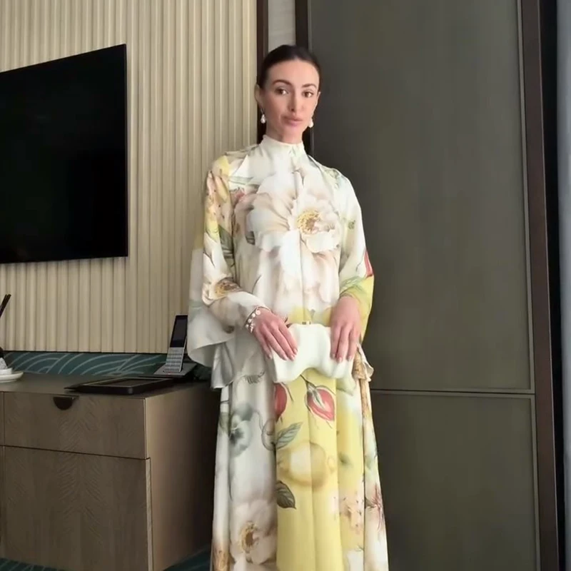 Floral Print Women Dress Button Down Mock Neck Maxi Dresses Long Lantern Sleeve A-Line Waist Belt Flared Hem Elegant Streetwear