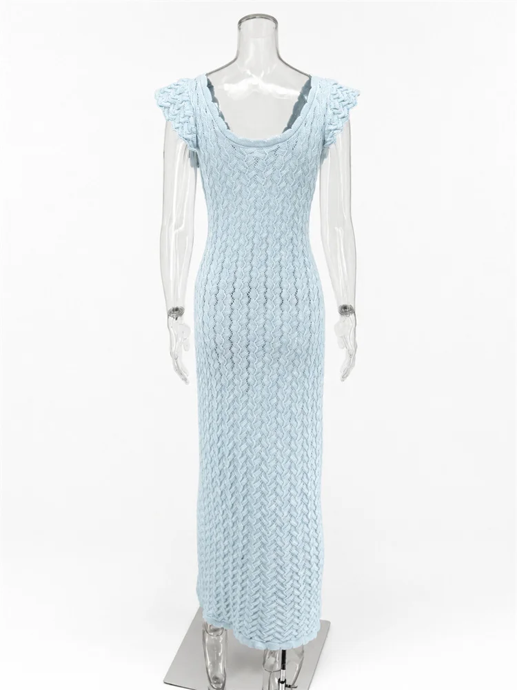 Tossy Ruffled Hollow Out Knit Long Dress Women V-Neck Fashion Patchwork See-Through Beach Holiday Dress Knitwear Female Dress