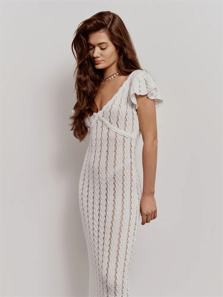 Tossy Ruffled Hollow Out Knit Long Dress Women V-Neck Fashion Patchwork See-Through Beach Holiday Dress Knitwear Female Dress
