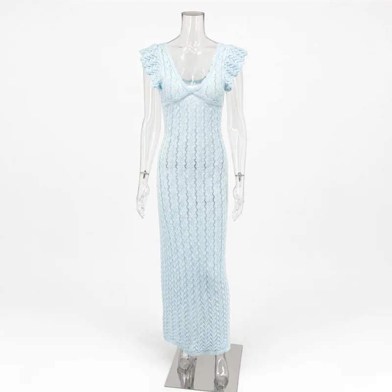 Tossy Ruffled Hollow Out Knit Long Dress Women V-Neck Fashion Patchwork See-Through Beach Holiday Dress Knitwear Female Dress
