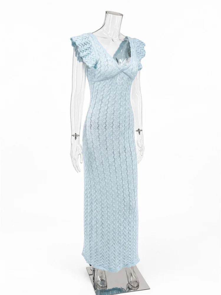 Tossy Ruffled Hollow Out Knit Long Dress Women V-Neck Fashion Patchwork See-Through Beach Holiday Dress Knitwear Female Dress