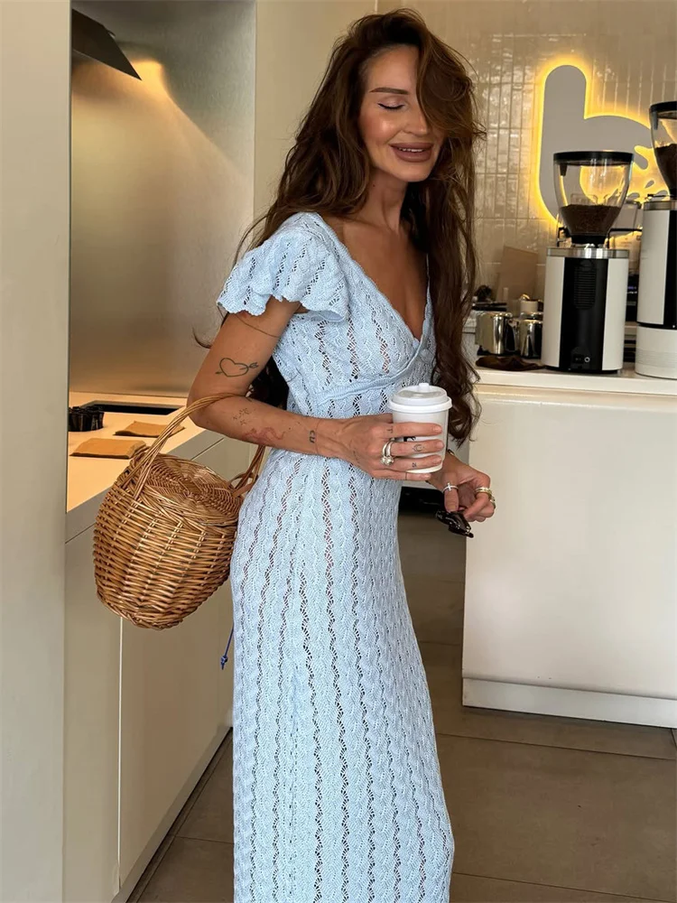 Tossy Ruffled Hollow Out Knit Long Dress Women V-Neck Fashion Patchwork See-Through Beach Holiday Dress Knitwear Female Dress