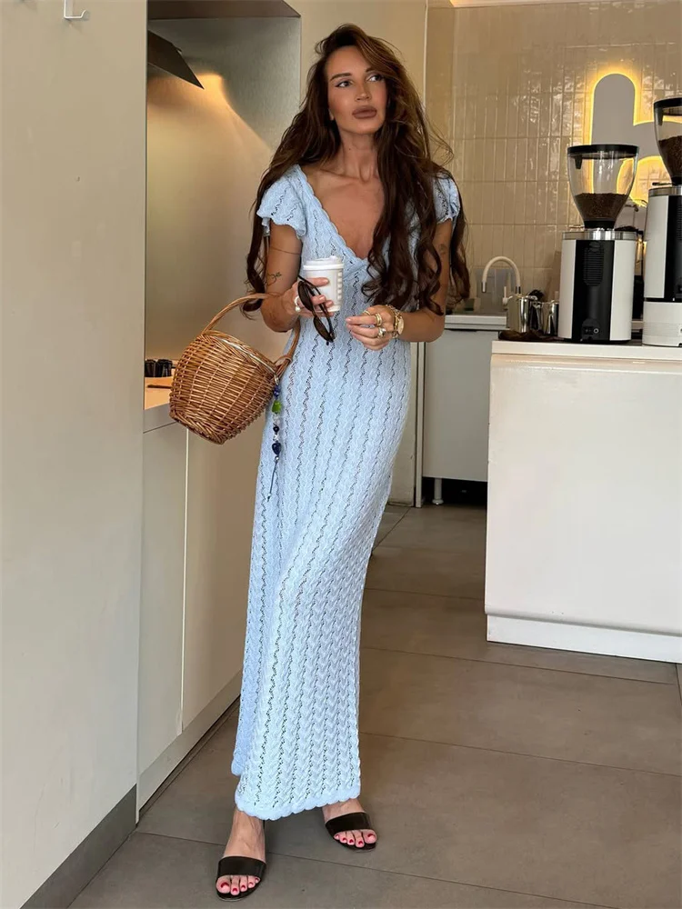 Tossy Ruffled Hollow Out Knit Long Dress Women V-Neck Fashion Patchwork See-Through Beach Holiday Dress Knitwear Female Dress