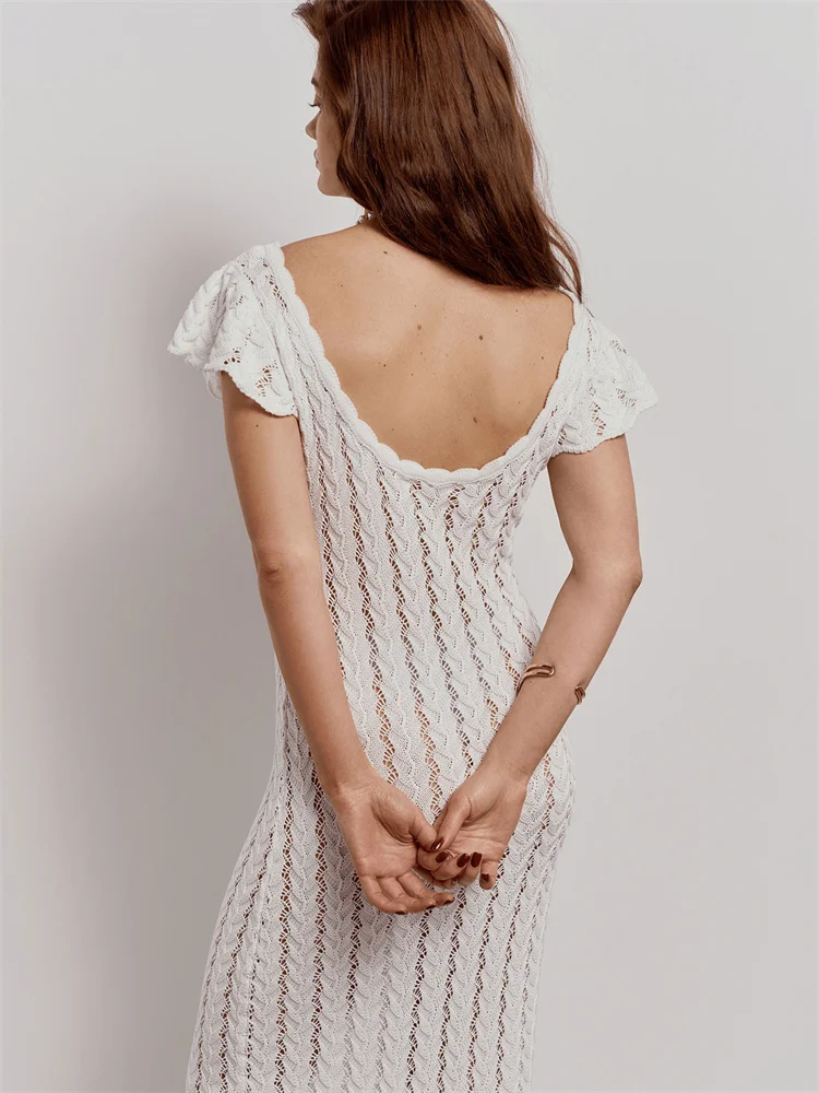 Tossy Ruffled Hollow Out Knit Long Dress Women V-Neck Fashion Patchwork See-Through Beach Holiday Dress Knitwear Female Dress