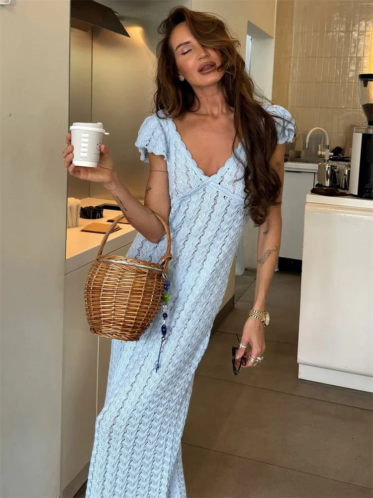 Tossy Ruffled Hollow Out Knit Long Dress Women V-Neck Fashion Patchwork See-Through Beach Holiday Dress Knitwear Female Dress