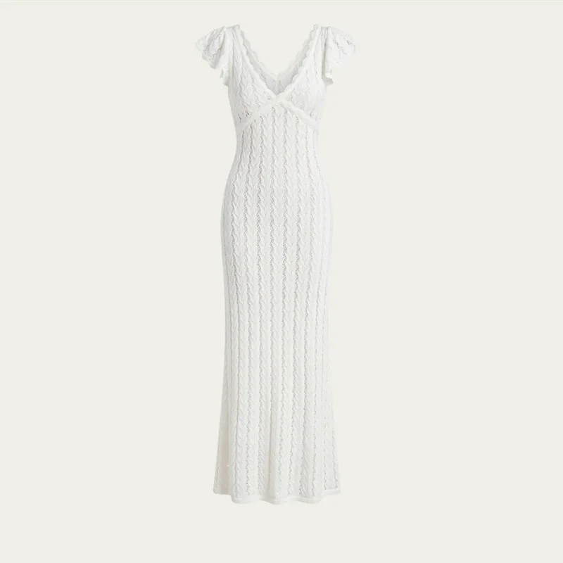 Tossy Ruffled Hollow Out Knit Long Dress Women V-Neck Fashion Patchwork See-Through Beach Holiday Dress Knitwear Female Dress
