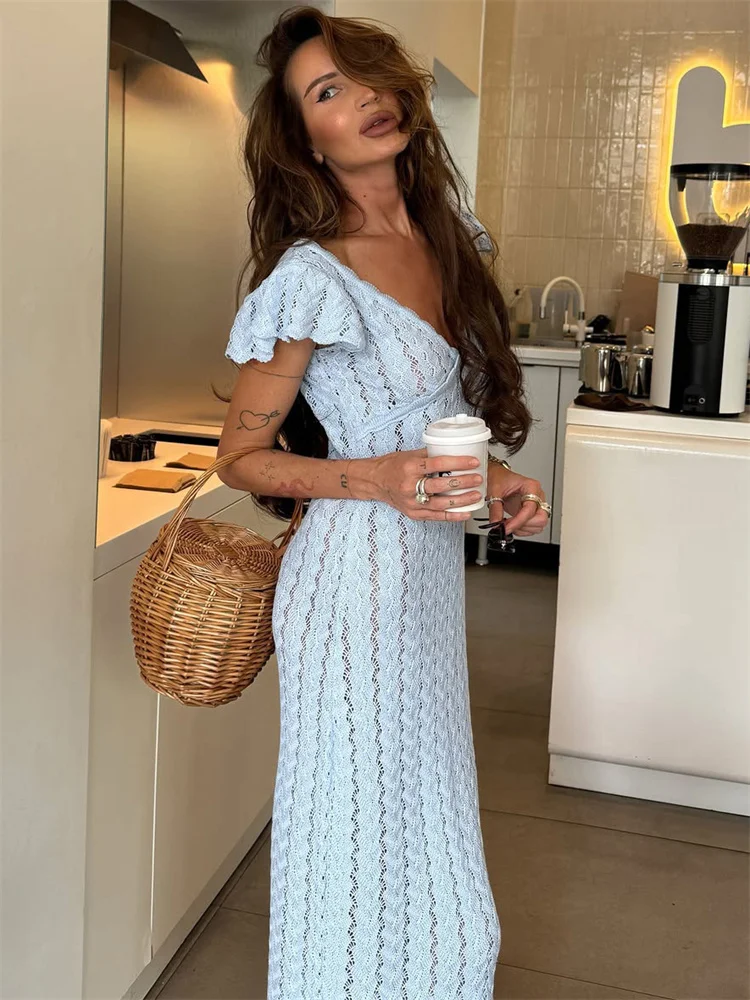 Tossy Ruffled Hollow Out Knit Long Dress Women V-Neck Fashion Patchwork See-Through Beach Holiday Dress Knitwear Female Dress