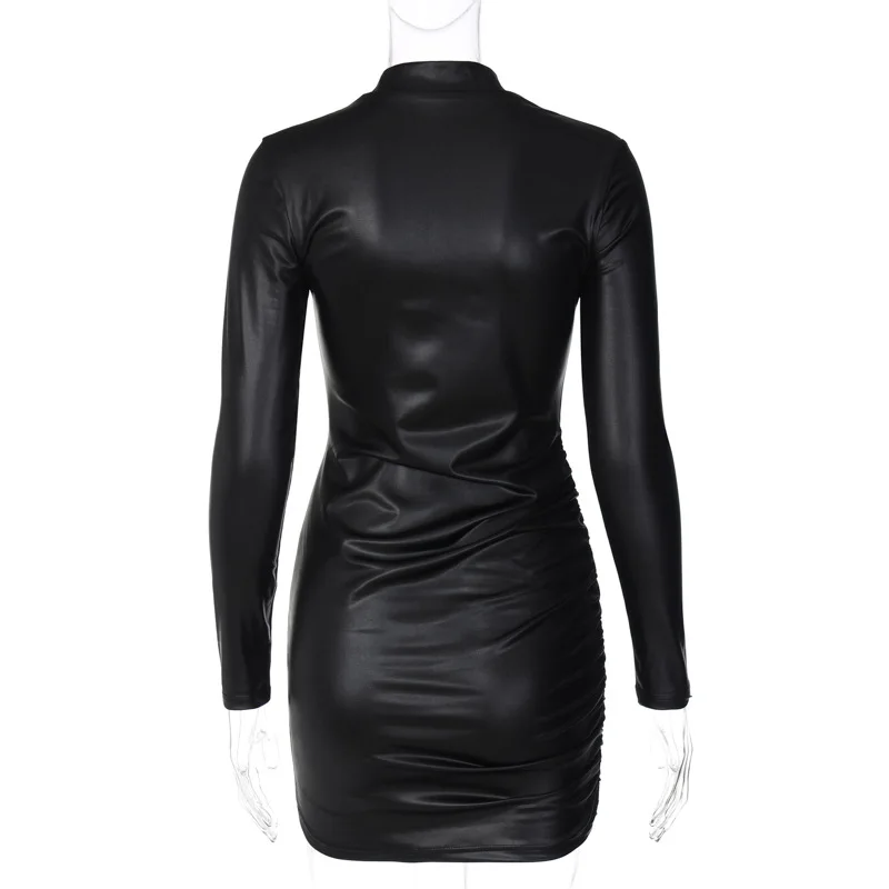 Sexy Imitation Leather Folds Slim Bodycon Dress Women Soild Color Long Sleeves Skinny Mini Dress Elegant Club Party Vestidos