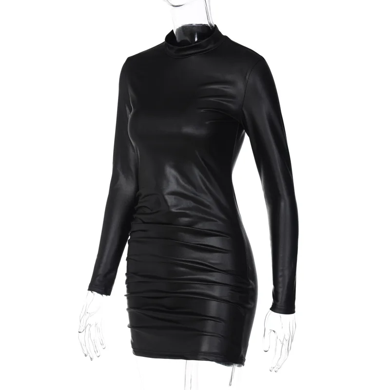Sexy Imitation Leather Folds Slim Bodycon Dress Women Soild Color Long Sleeves Skinny Mini Dress Elegant Club Party Vestidos