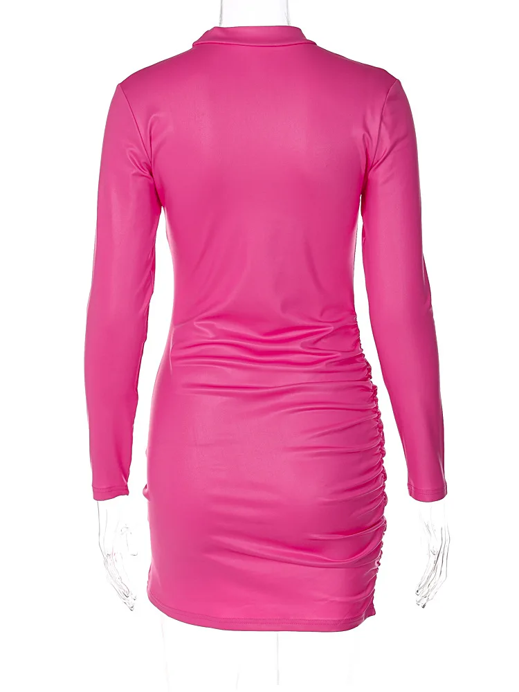 Sexy Imitation Leather Folds Slim Bodycon Dress Women Soild Color Long Sleeves Skinny Mini Dress Elegant Club Party Vestidos