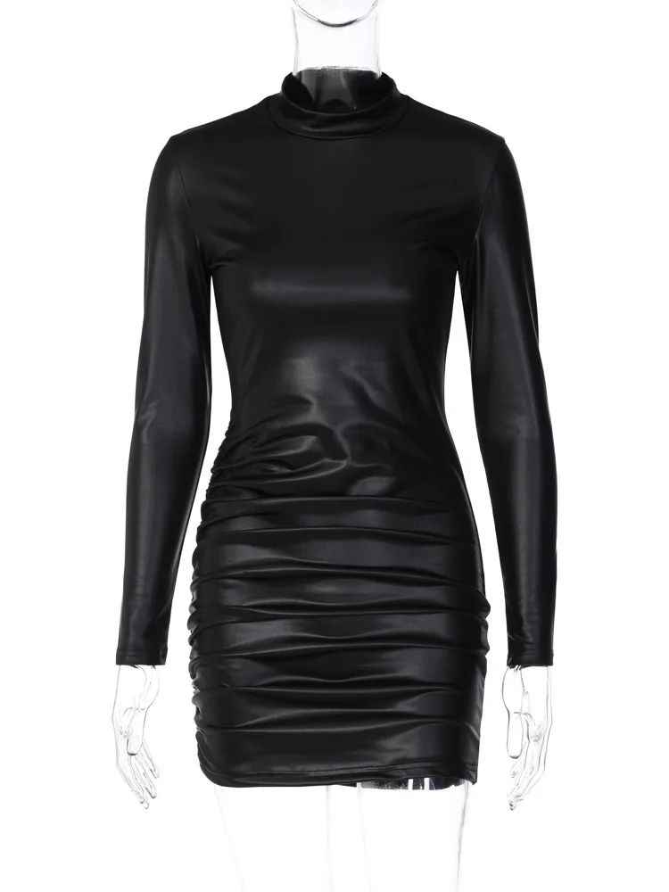Sexy Imitation Leather Folds Slim Bodycon Dress Women Soild Color Long Sleeves Skinny Mini Dress Elegant Club Party Vestidos
