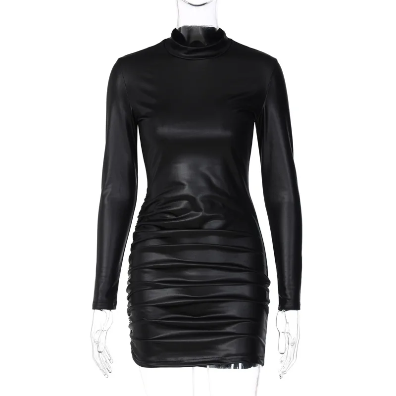 Sexy Imitation Leather Folds Slim Bodycon Dress Women Soild Color Long Sleeves Skinny Mini Dress Elegant Club Party Vestidos
