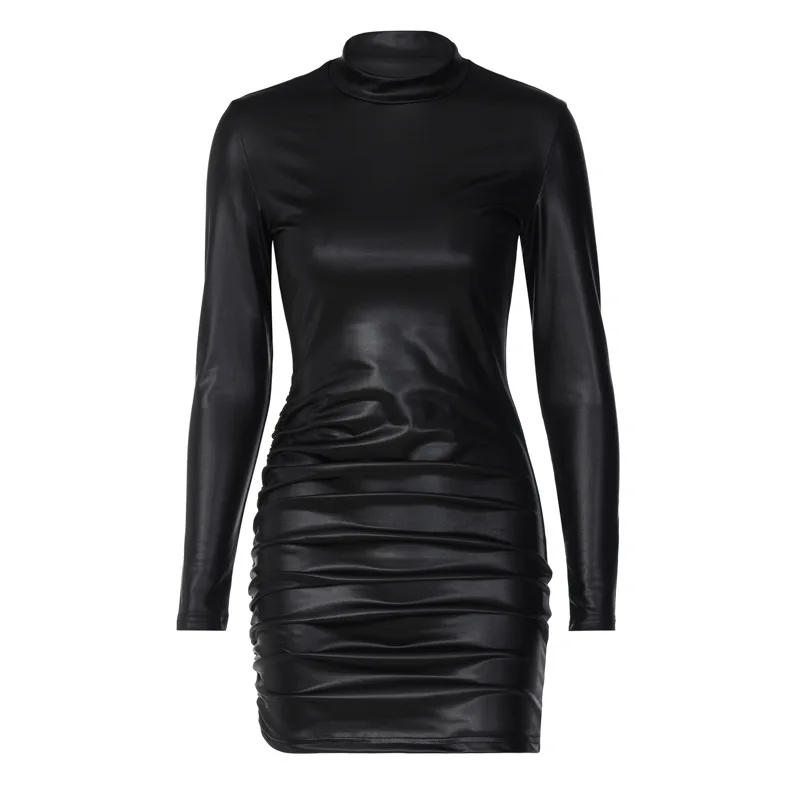 Sexy Imitation Leather Folds Slim Bodycon Dress Women Soild Color Long Sleeves Skinny Mini Dress Elegant Club Party Vestidos