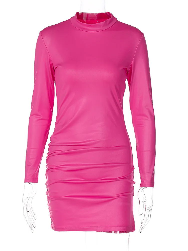 Sexy Imitation Leather Folds Slim Bodycon Dress Women Soild Color Long Sleeves Skinny Mini Dress Elegant Club Party Vestidos