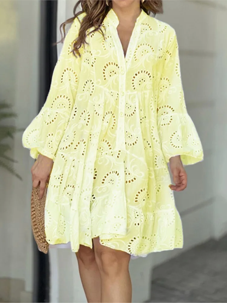 Customizable Summer Loose Vintage Solid Lace Dress Fashion V-neck Flare Sleeve Embroidery Dress