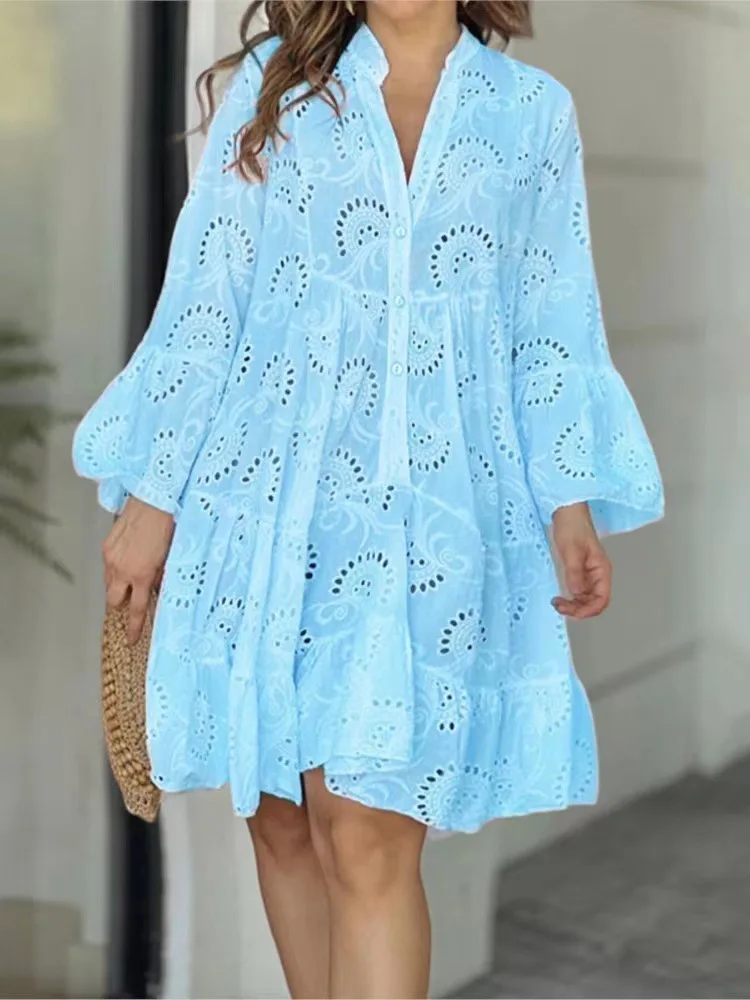 Customizable Summer Loose Vintage Solid Lace Dress Fashion V-neck Flare Sleeve Embroidery Dress
