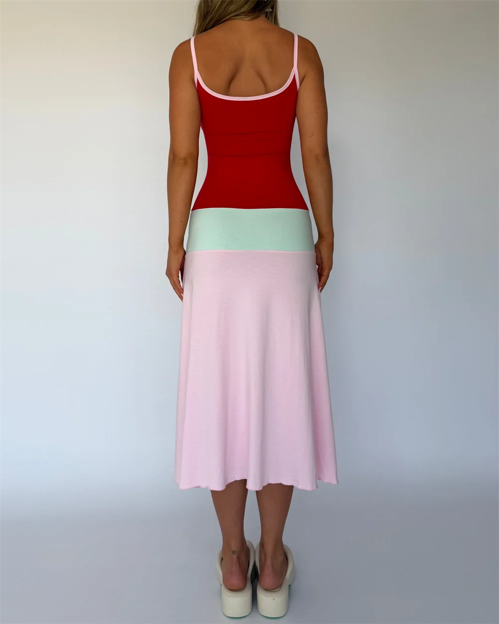 Absobe Women Color Block Cami Long Dress Spaghetti Strap High Waist A Line Swing Maxi Dress Summer Vacation Beach Casual Outfit