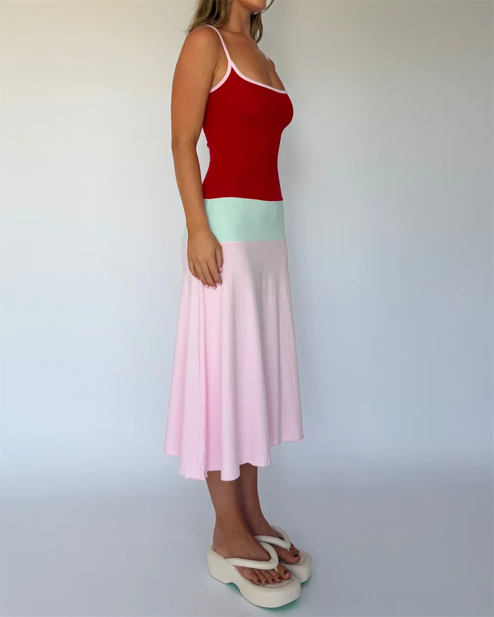 Absobe Women Color Block Cami Long Dress Spaghetti Strap High Waist A Line Swing Maxi Dress Summer Vacation Beach Casual Outfit