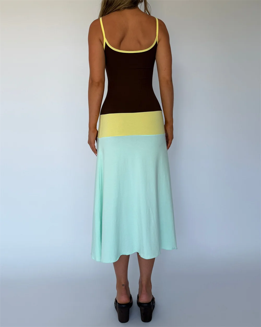 Absobe Women Color Block Cami Long Dress Spaghetti Strap High Waist A Line Swing Maxi Dress Summer Vacation Beach Casual Outfit