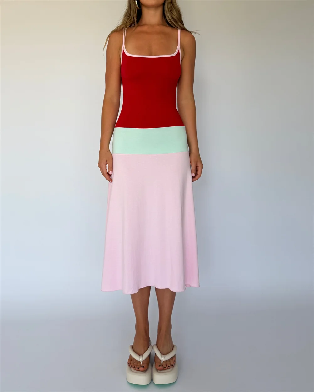 Absobe Women Color Block Cami Long Dress Spaghetti Strap High Waist A Line Swing Maxi Dress Summer Vacation Beach Casual Outfit