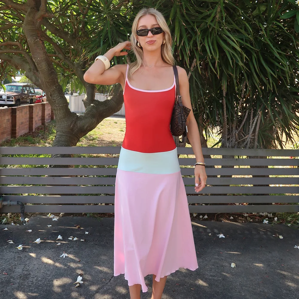 Absobe Women Color Block Cami Long Dress Spaghetti Strap High Waist A Line Swing Maxi Dress Summer Vacation Beach Casual Outfit