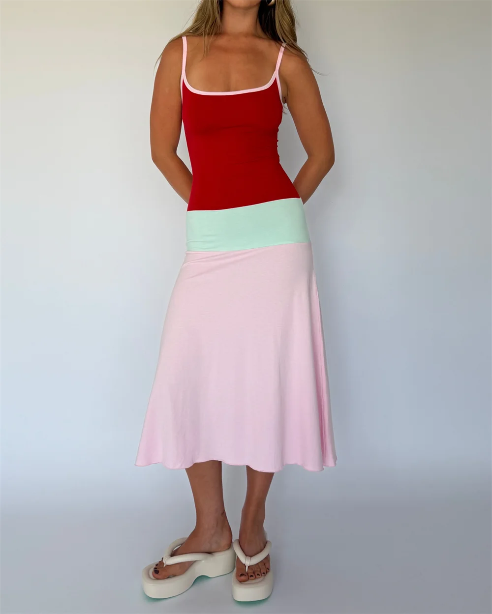 Absobe Women Color Block Cami Long Dress Spaghetti Strap High Waist A Line Swing Maxi Dress Summer Vacation Beach Casual Outfit