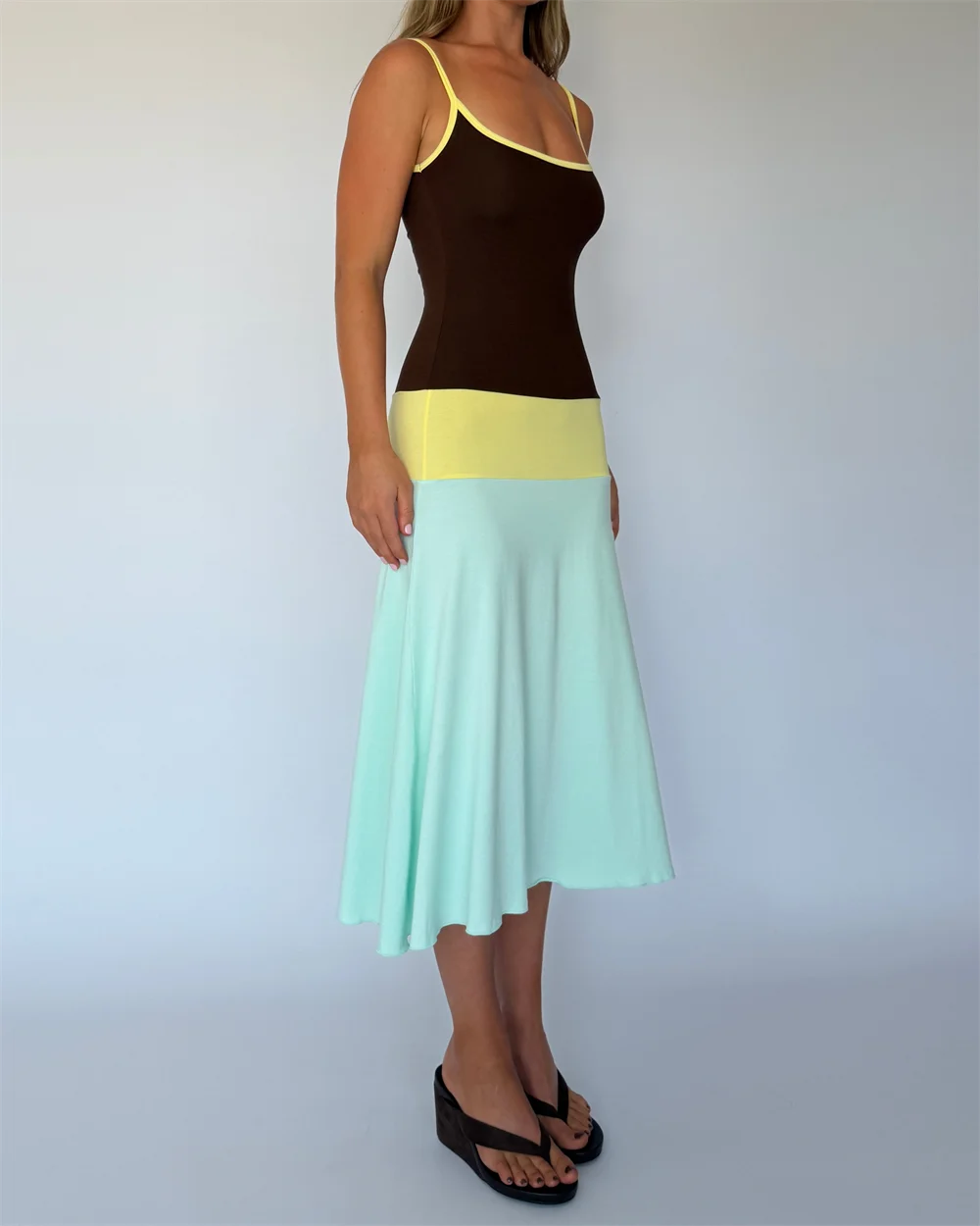 Absobe Women Color Block Cami Long Dress Spaghetti Strap High Waist A Line Swing Maxi Dress Summer Vacation Beach Casual Outfit