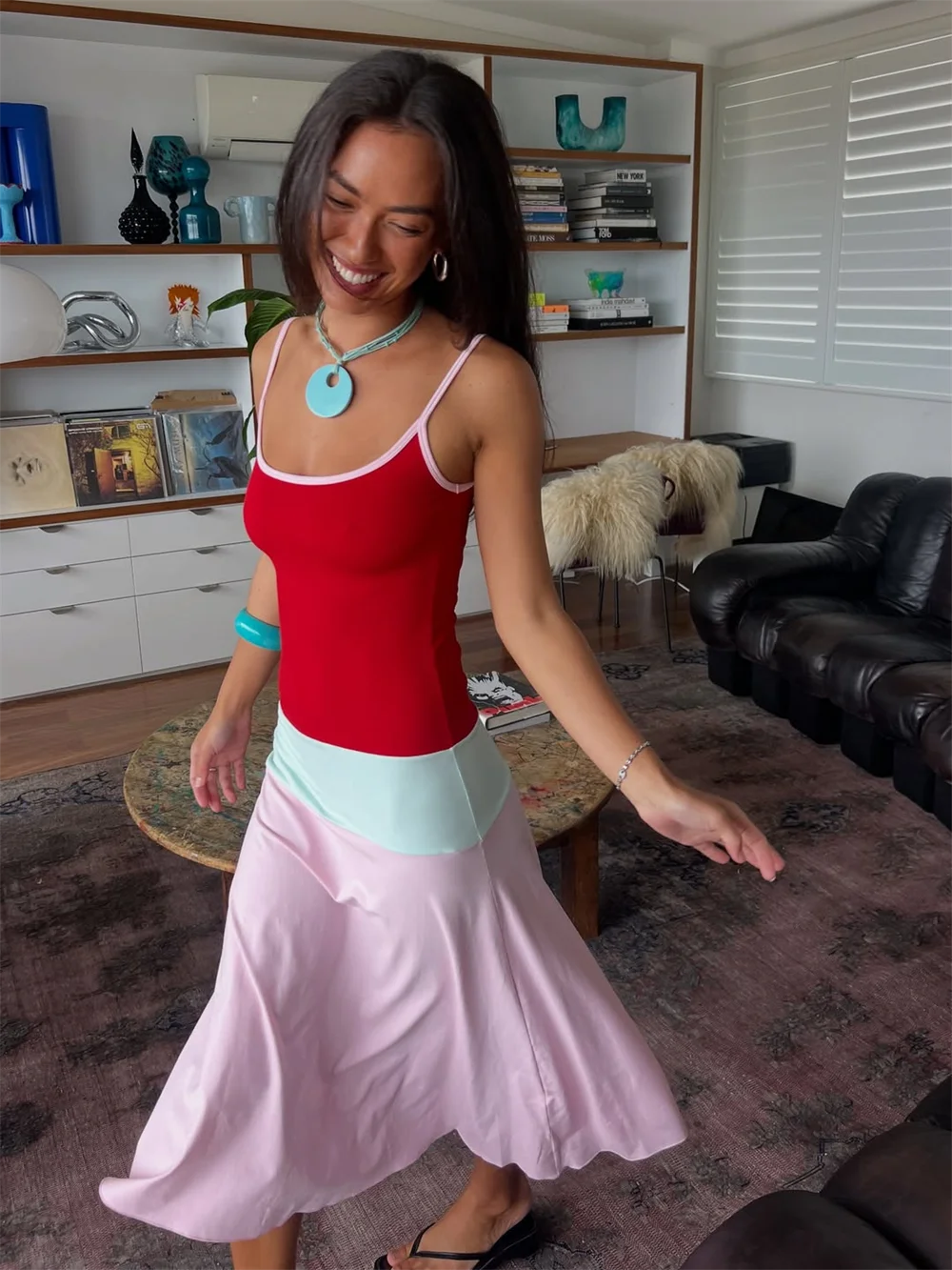 Absobe Women Color Block Cami Long Dress Spaghetti Strap High Waist A Line Swing Maxi Dress Summer Vacation Beach Casual Outfit