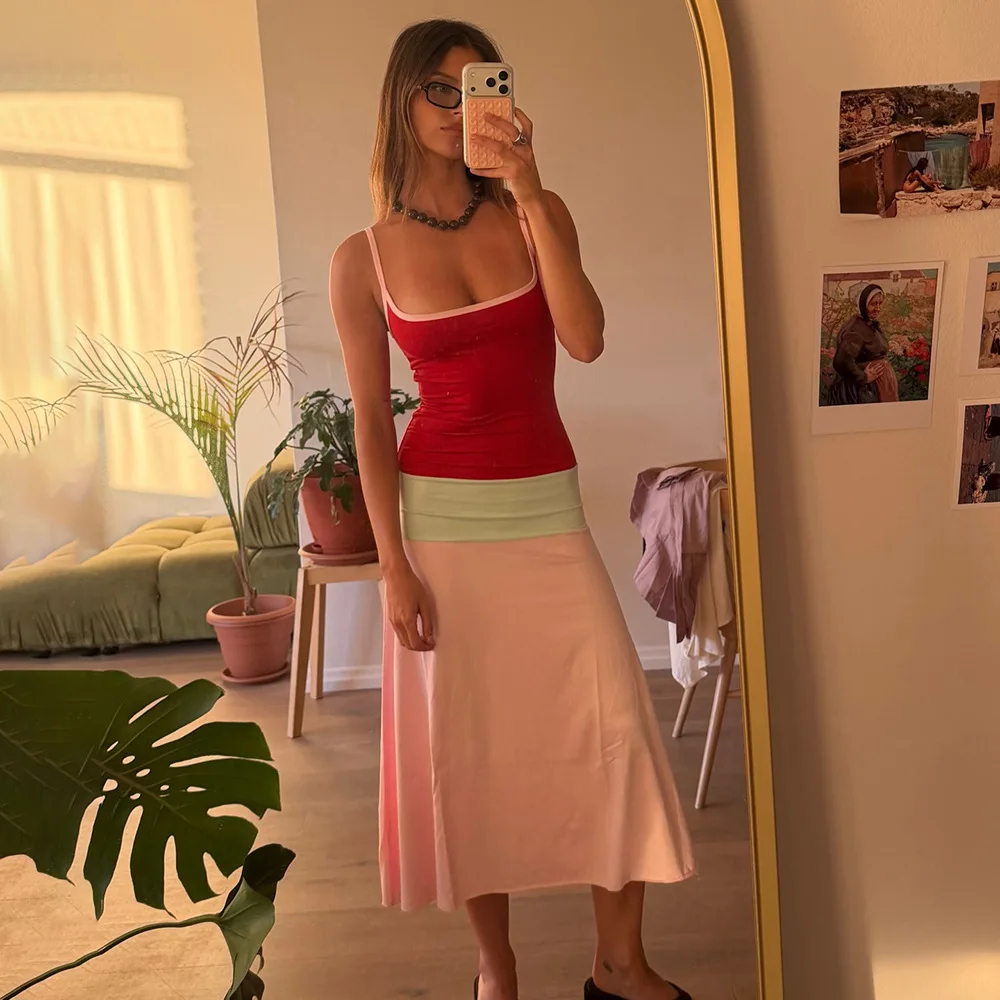 Absobe Women Color Block Cami Long Dress Spaghetti Strap High Waist A Line Swing Maxi Dress Summer Vacation Beach Casual Outfit