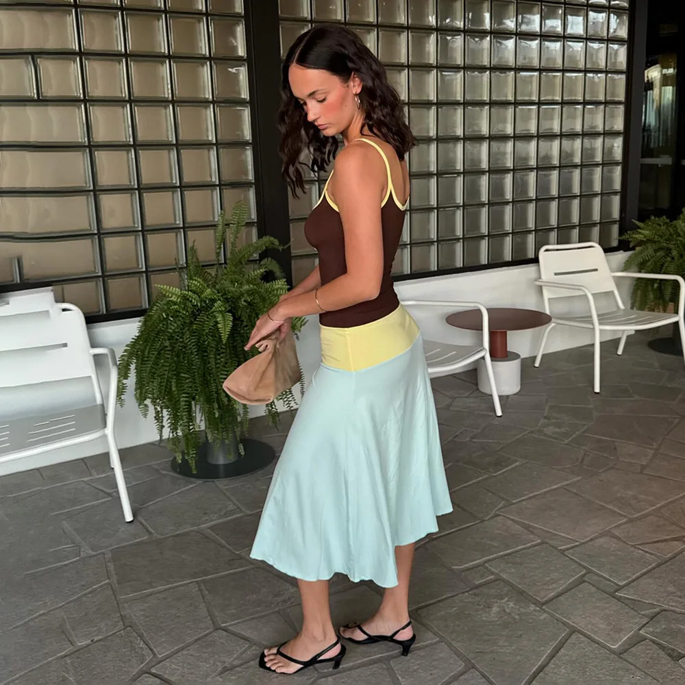 Absobe Women Color Block Cami Long Dress Spaghetti Strap High Waist A Line Swing Maxi Dress Summer Vacation Beach Casual Outfit