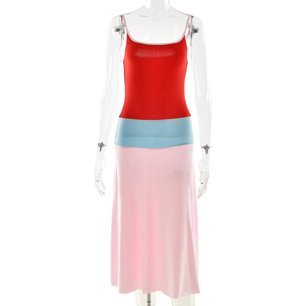 Absobe Women Color Block Cami Long Dress Spaghetti Strap High Waist A Line Swing Maxi Dress Summer Vacation Beach Casual Outfit